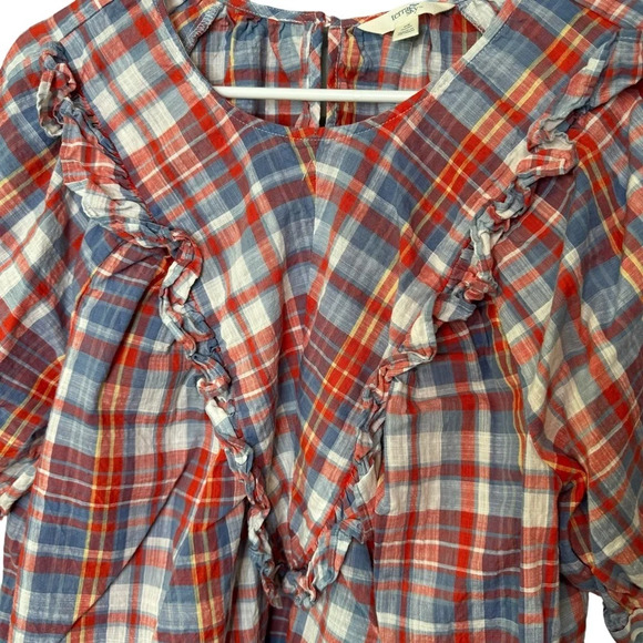 🔹5/$25🔹 Terra & Sky Red Blue Plaid Ruffle Woven Short Sleeve Top 0X (14W) - Picture 5 of 13